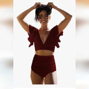 Burgundy High-Waisted Bikini Set Medium New